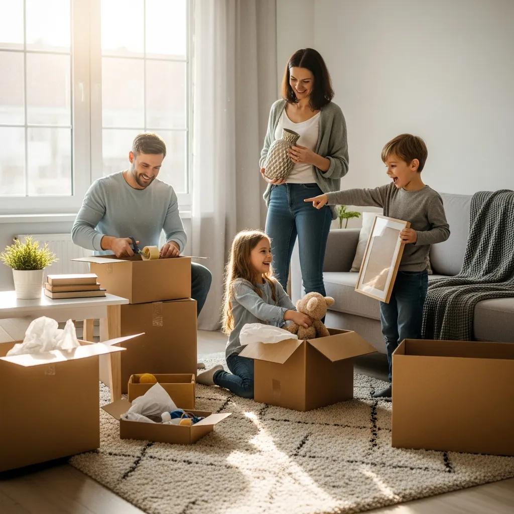 Family happily unpacking boxes in their new home, showcasing the joy of residential moving services with children engaging in the process.