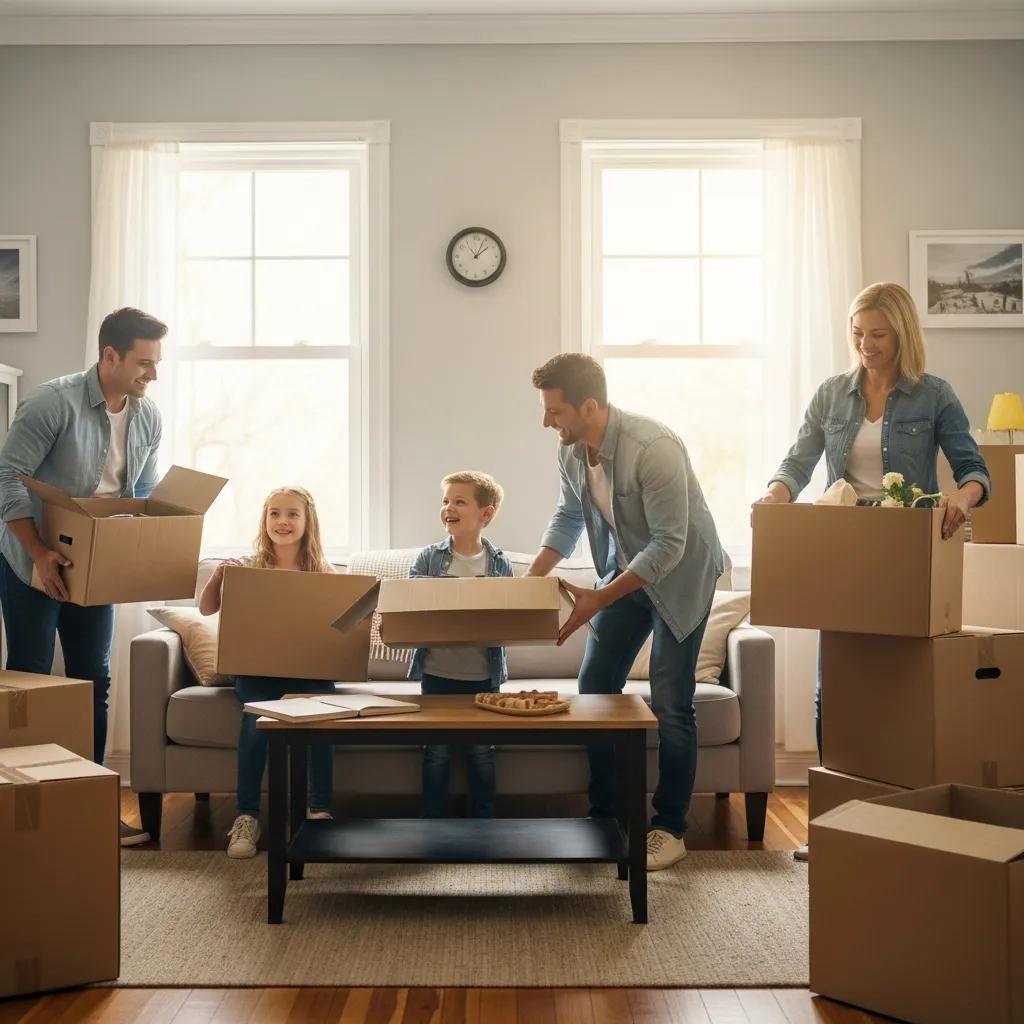 Family unpacking cardboard boxes in a bright living room, illustrating the joy of local residential moving in Marlboro, NY.