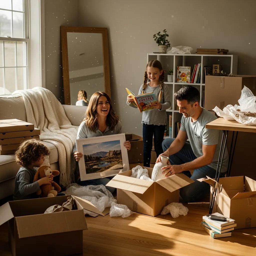 Family unpacking boxes in their new home in Rhinebeck, NY, showcasing the joy of settling in, with a child reading and parents organizing belongings.