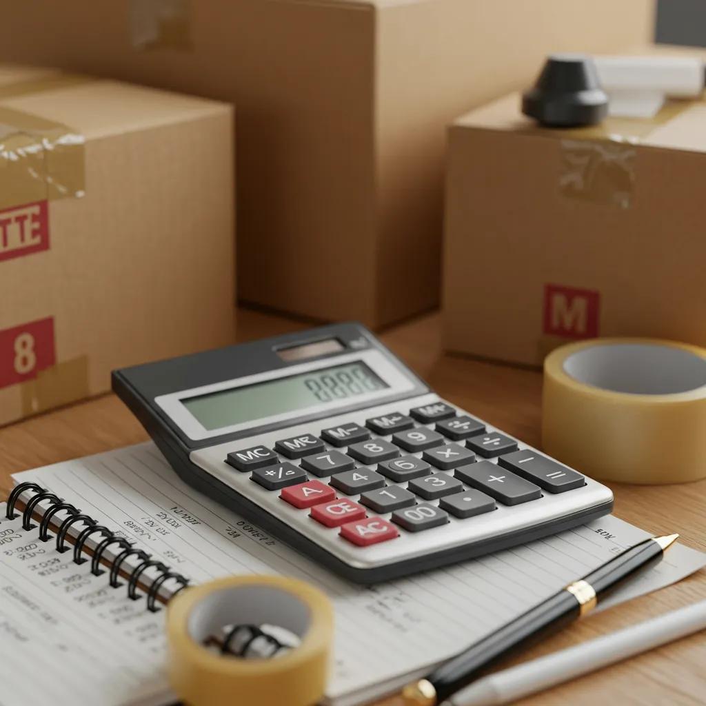 Calculator and moving supplies on a desk, symbolizing budgeting for long-distance moving costs from New Jersey.