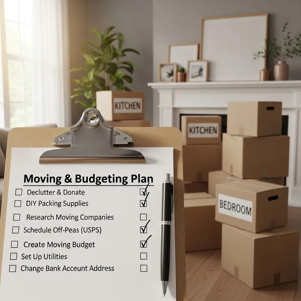 Checklist for budgeting and saving tips for moving, emphasizing organization and planning