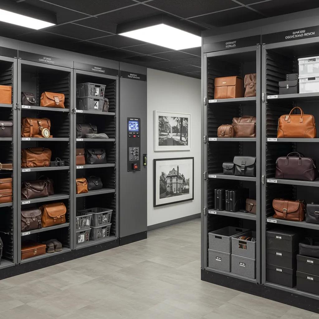 Climate-controlled storage facility showcasing organized shelves with leather bags and boxes, designed for protecting luxury items in optimal conditions.