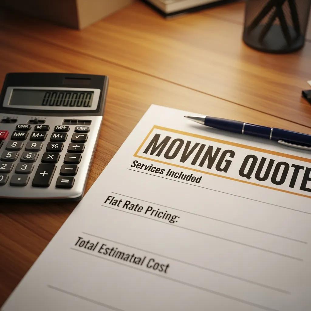 Close-up of a flat-rate moving quote document with sections for services included, flat-rate pricing, and total estimated cost, accompanied by a calculator and pen on a wooden desk, illustrating transparent moving costs for Hudson Valley to Florida relocations.