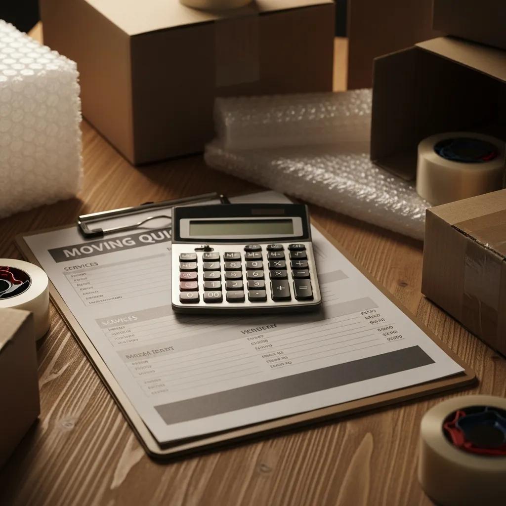 Close-up of a moving quote and calculator, emphasizing the advantages of binding flat-rate pricing for long distance moves