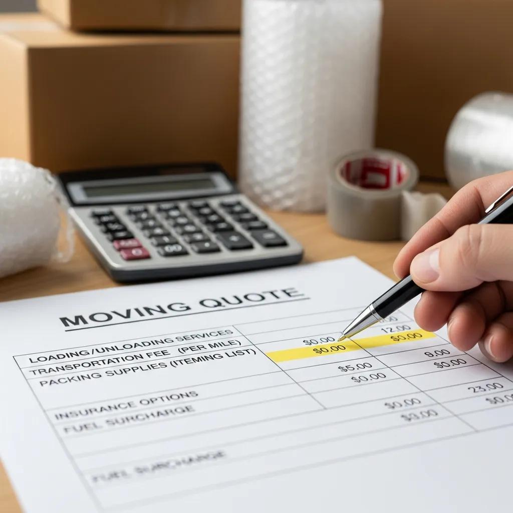 Close-up of a moving quote document highlighting pricing details, illustrating transparent pricing benefits for moving services, with a calculator and packing supplies in the background.