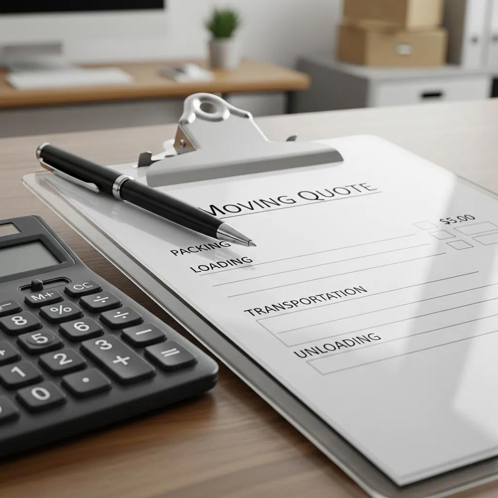 Close-up of a clipboard with a moving quote document, a calculator, and a pen on a desk in an office setting, emphasizing transparent pricing for moving services in Plattekill, NY.