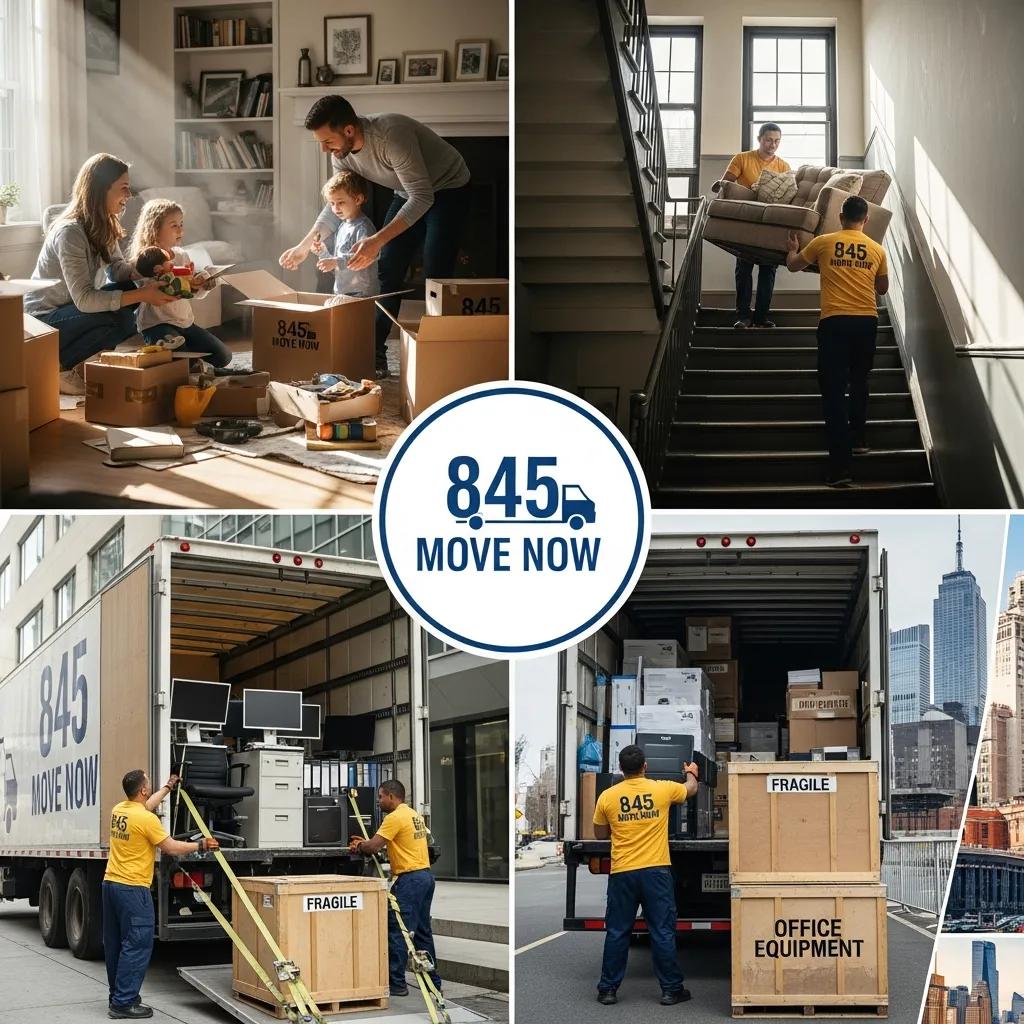 Collage of local moving services including residential, apartment, and commercial moves