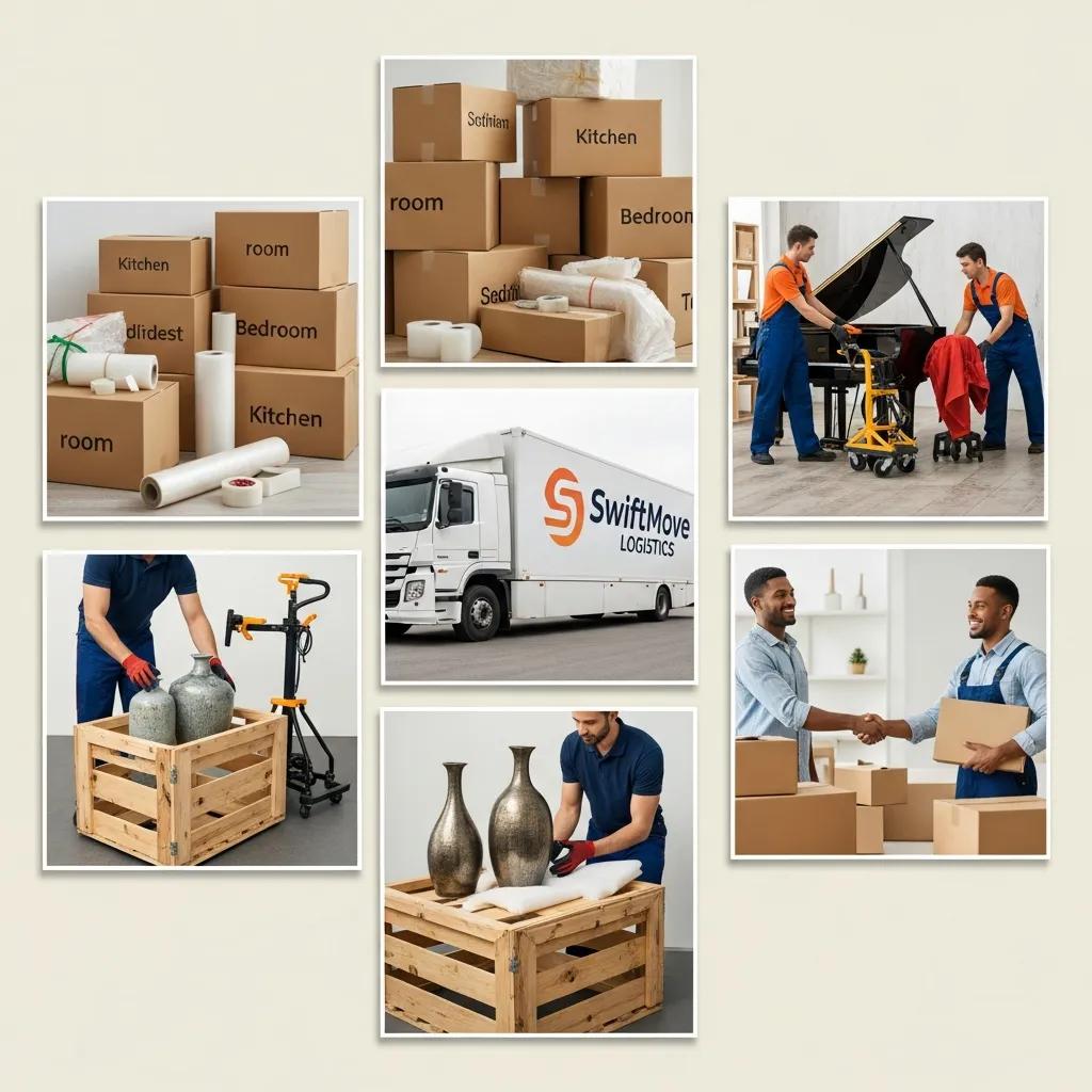 Collage of moving services including packing materials, specialty item handling, and a moving truck, illustrating options for local and long-distance moves in Rosendale, NY.
