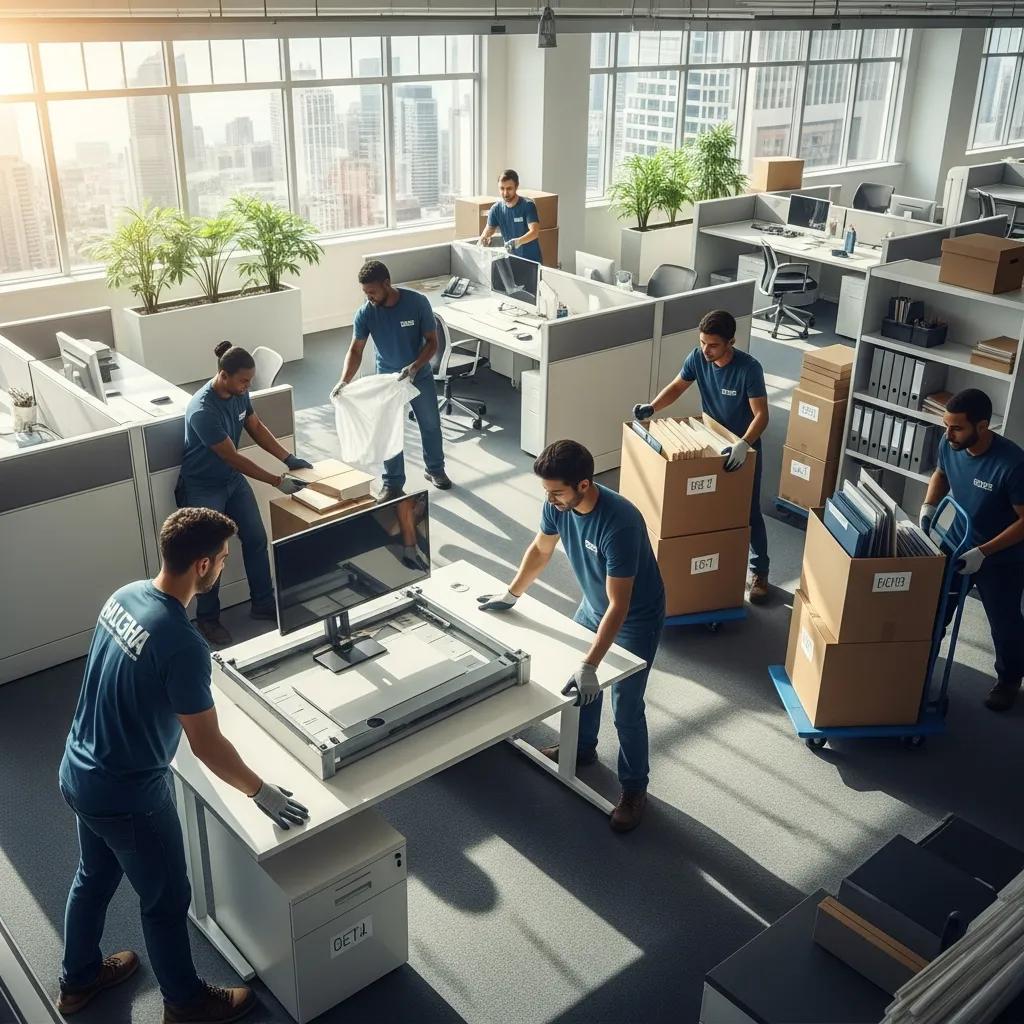 Commercial movers efficiently relocating office equipment and furniture in a professional office setting, emphasizing organized moving processes and teamwork.