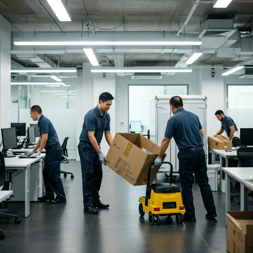 Commercial movers in Hudson Valley relocating office equipment, showcasing efficient packing and handling techniques in a modern workspace.