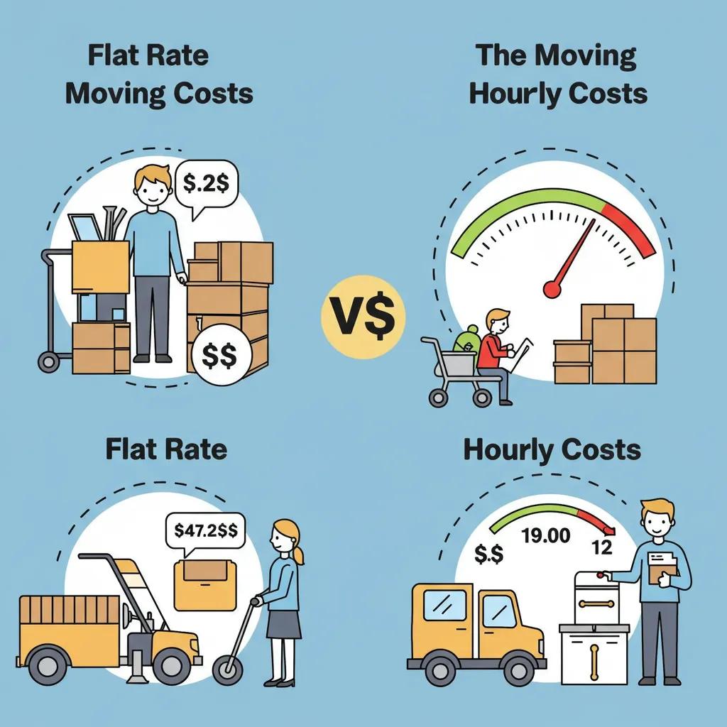 Flat rate moving costs comparison chart illustrating fixed pricing at .25 versus hourly costs starting at .00, featuring icons of movers, boxes, and transportation vehicles, highlighting transparency and budget certainty for local relocations.