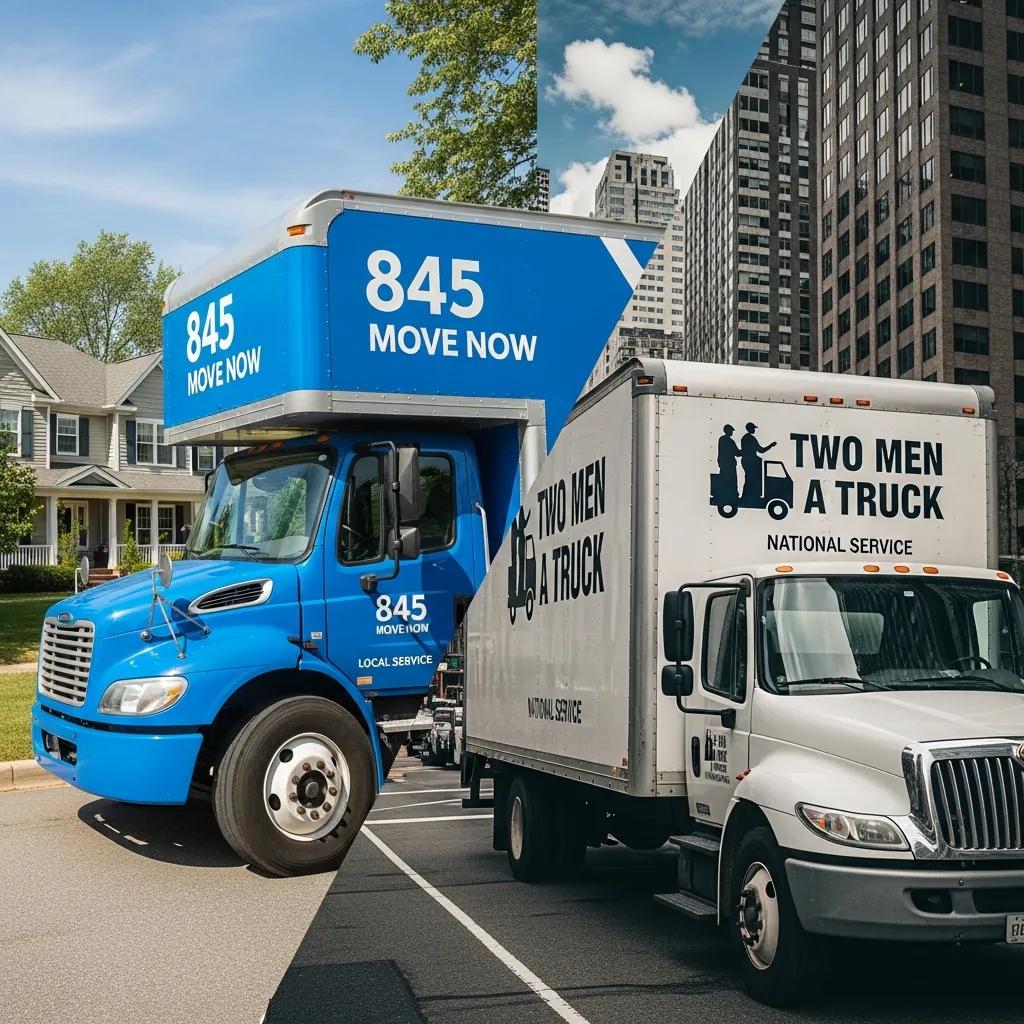 Comparison of 845 Move Now local moving truck and Two Men and a Truck national service vehicle, highlighting regional focus and service differences in Hudson Valley.
