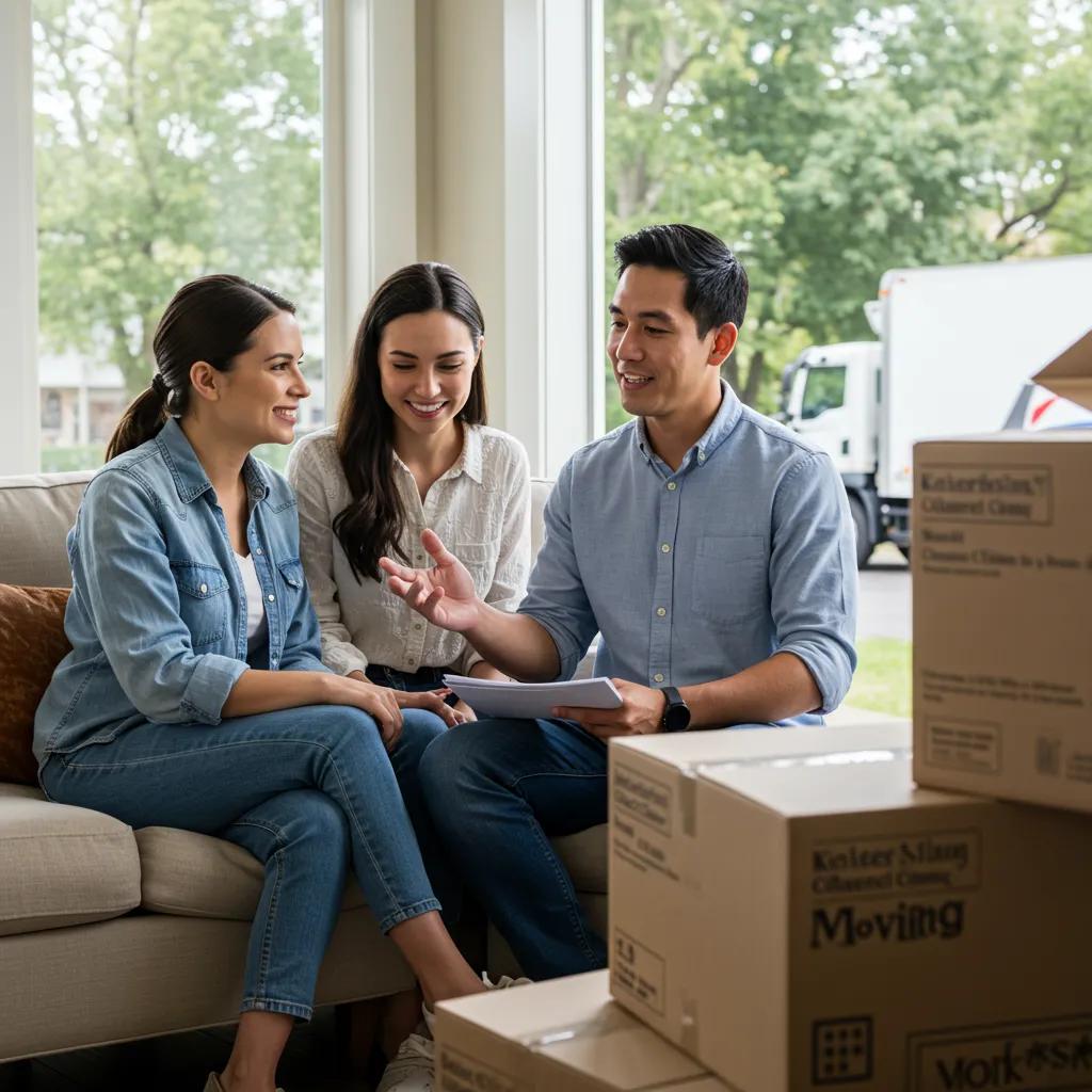 Couple consulting with a moving company representative about long distance relocation options
