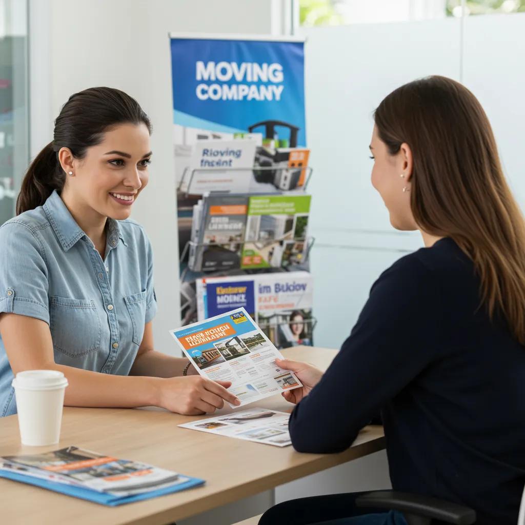 Customer consulting with a moving company representative, discussing flat-rate services, with informational brochures and a "Moving Company" sign in the background.