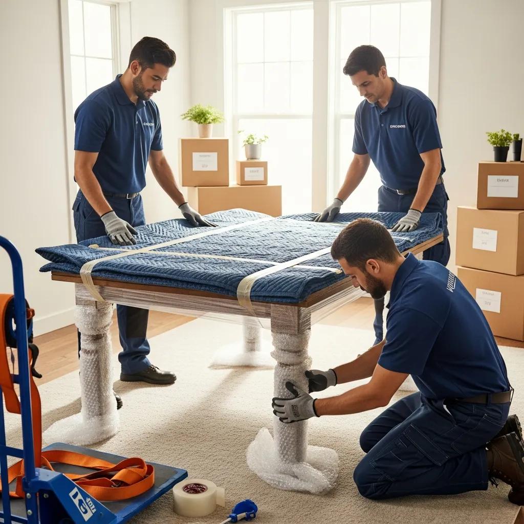 Three experienced movers carefully wrapping a table with protective materials, showcasing professionalism and reliability in local moving services, surrounded by moving boxes in a well-lit room.