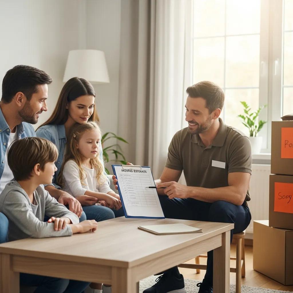 Family discussing moving plans with a professional mover in a living room, reviewing a moving estimate, surrounded by moving boxes.