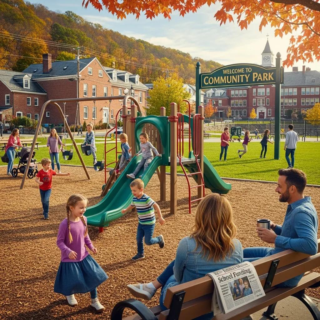 Families enjoying a vibrant day at Community Park, featuring children playing on swings and a slide, while adults relax on a bench with coffee, highlighting family-friendly amenities in a Hudson Valley town.