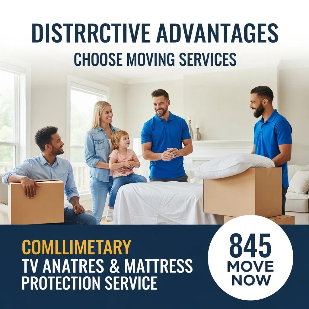 Family interacting with movers in a home setting, showcasing complimentary TV and mattress protection services, emphasizing the benefits of choosing 845 Move Now for local moving in Saugerties.
