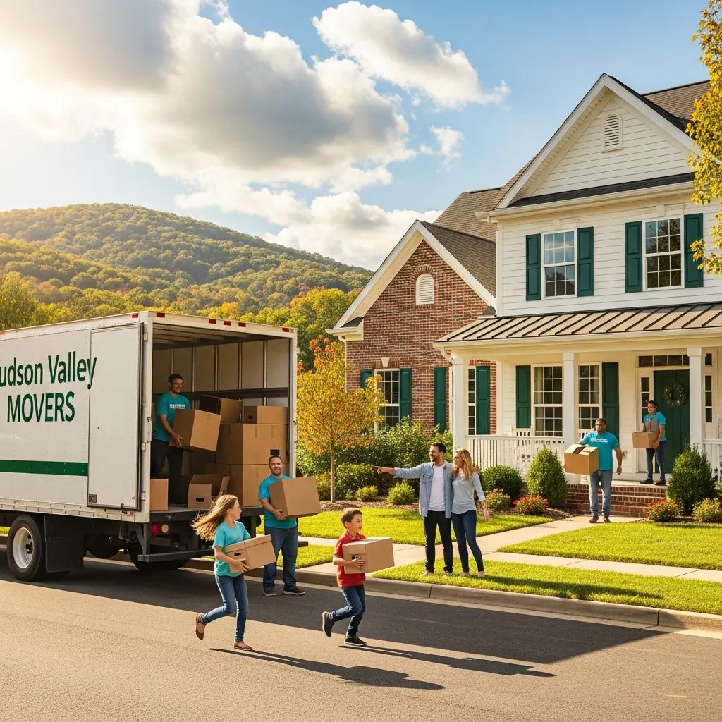 Family moving into a new home in Hudson Valley, NY, with movers unloading a truck