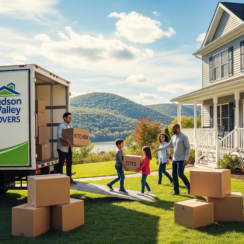 Family moving into a new home in Hudson Valley, carrying boxes labeled "KITCHEN" and "TOYS" from a moving truck, with mountains in the background.