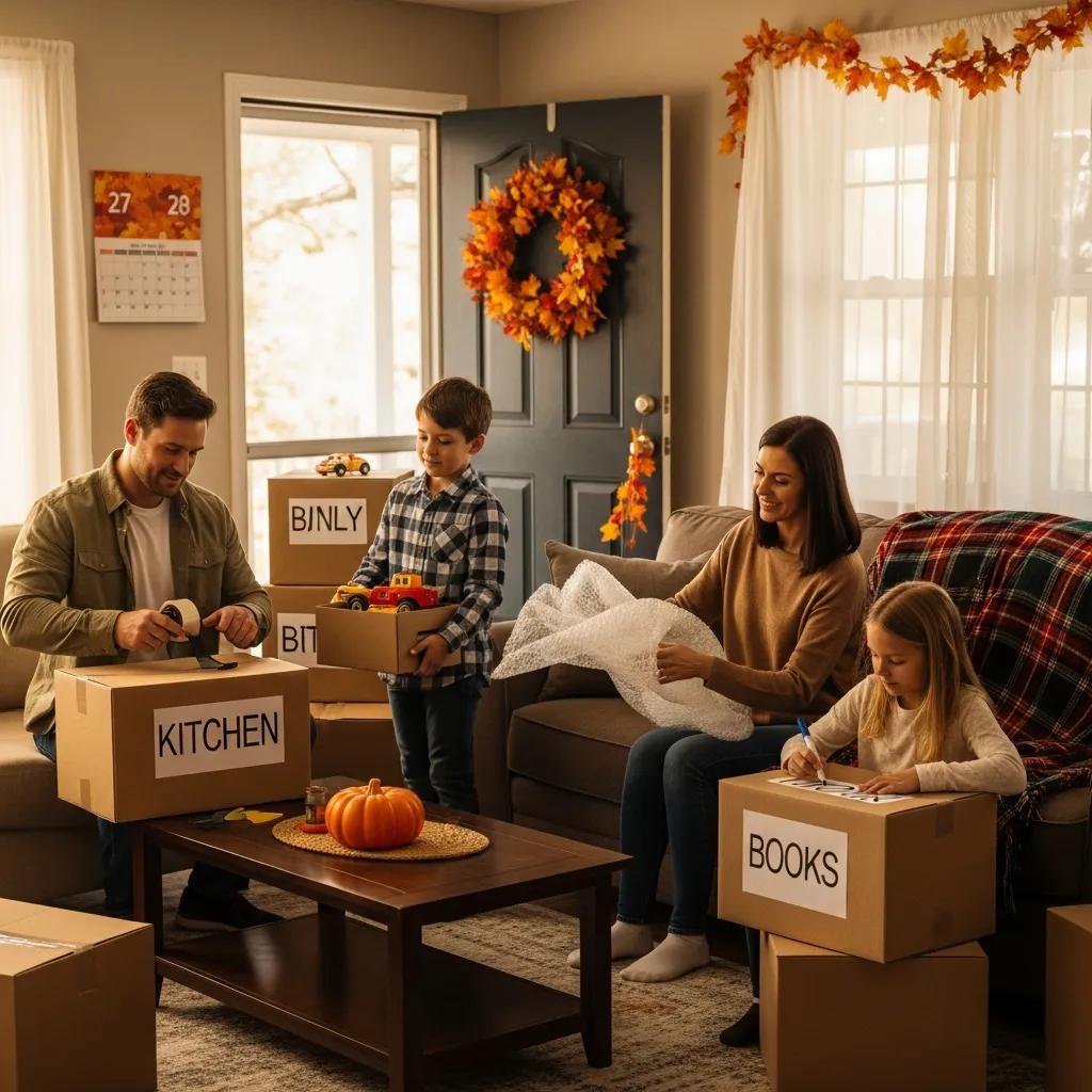 Family packing boxes in a cozy living room during fall, illustrating off-peak moving preparation