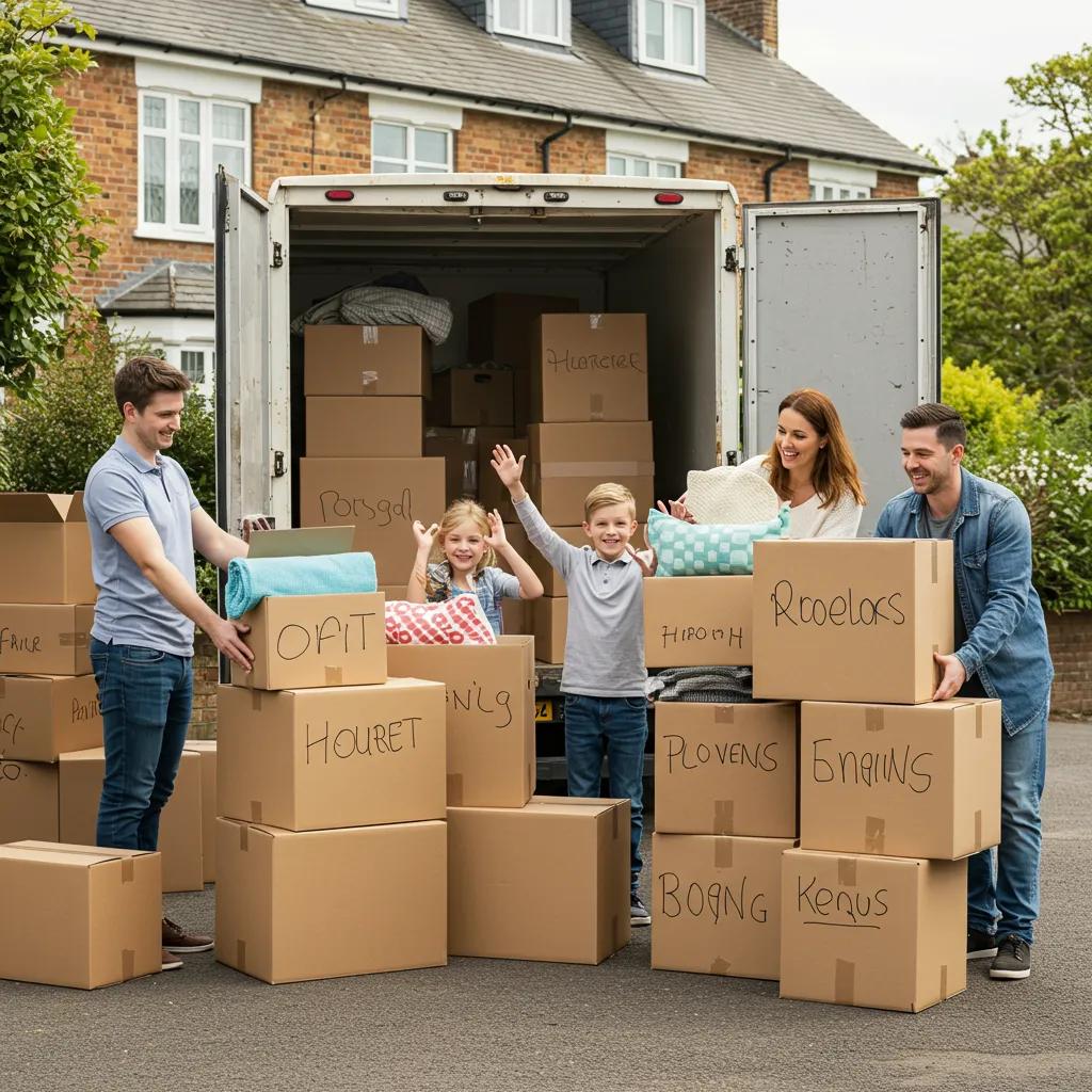 Family packing for a long distance move in the UK, showcasing excitement and organization