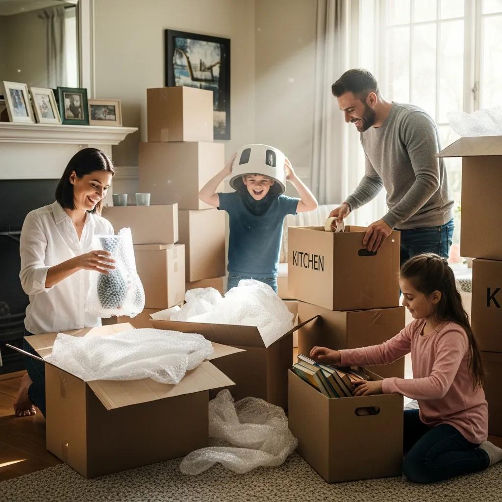 Family packing for a move, showcasing teamwork and excitement in a cozy home environment