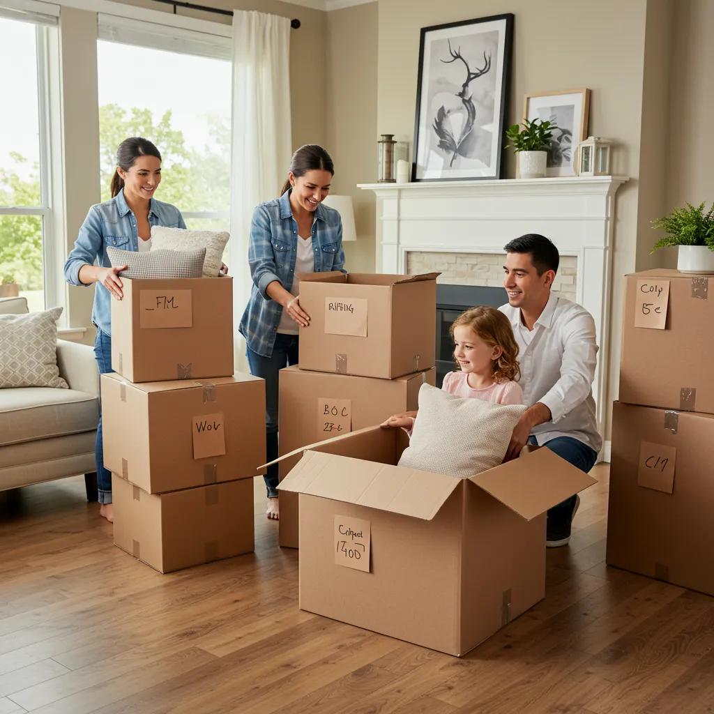 Family unpacking moving boxes in a new home, illustrating residential moving options and family dynamics during relocation in the Hudson Valley.