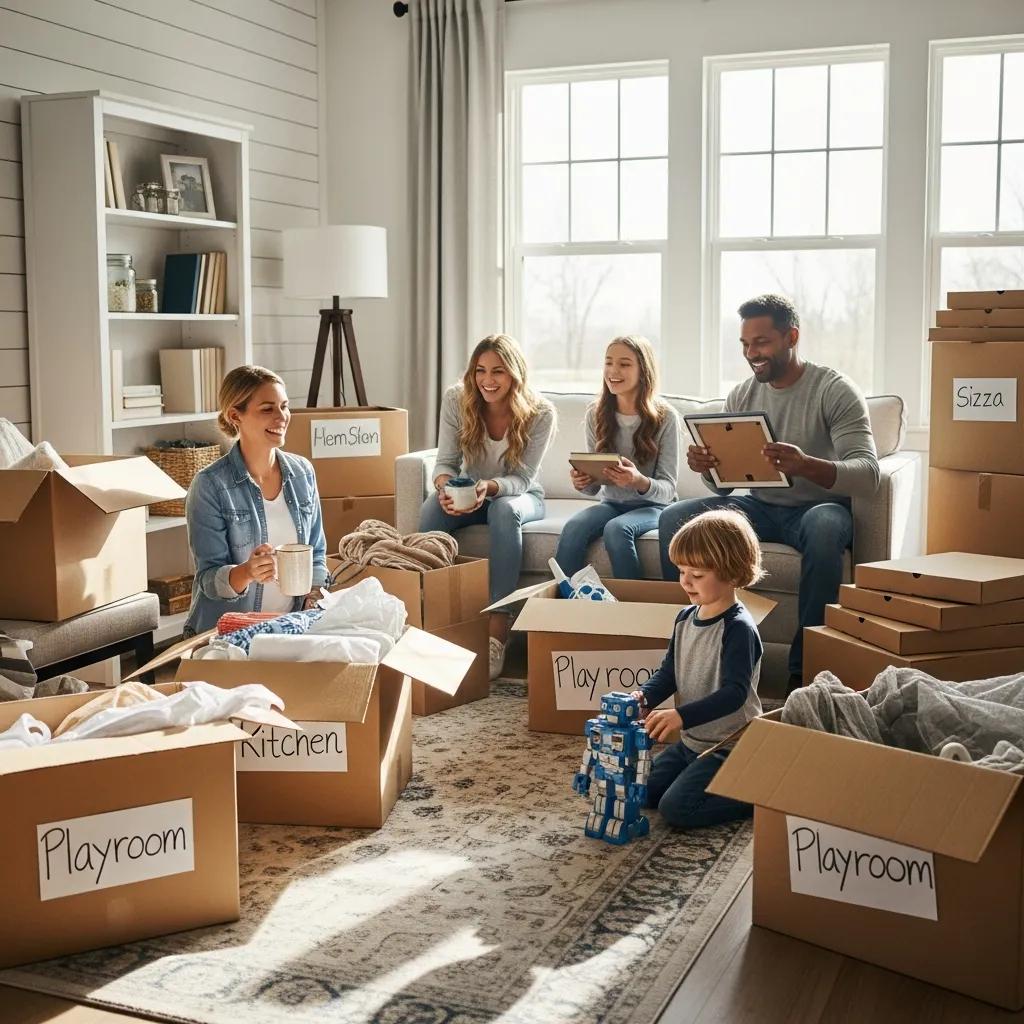 Family unpacking boxes in their new home, with labeled boxes for kitchen and playroom, showcasing a relaxed atmosphere during a residential move.