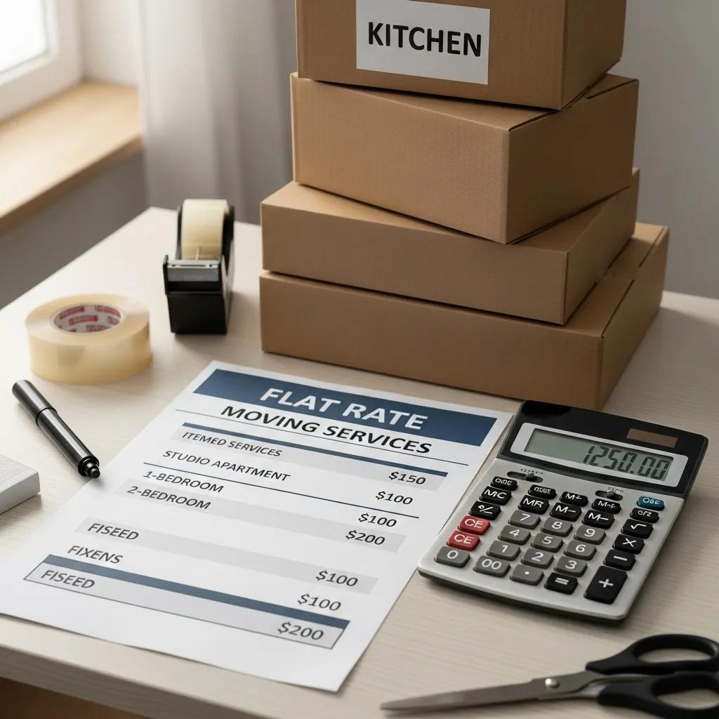 Flat-rate pricing document for moving services, listing costs for studio, one-bedroom, and two-bedroom moves, alongside packing supplies like boxes and tape, emphasizing transparency in moving costs.