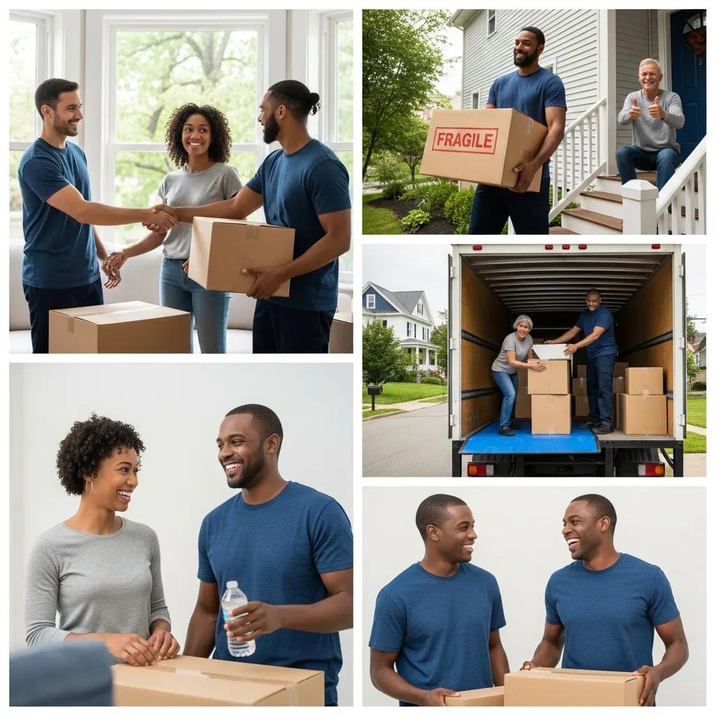 Happy customers interacting with professional movers, showcasing positive feedback about local moving services in Walden, NY, including teamwork, careful handling of boxes, and effective communication.