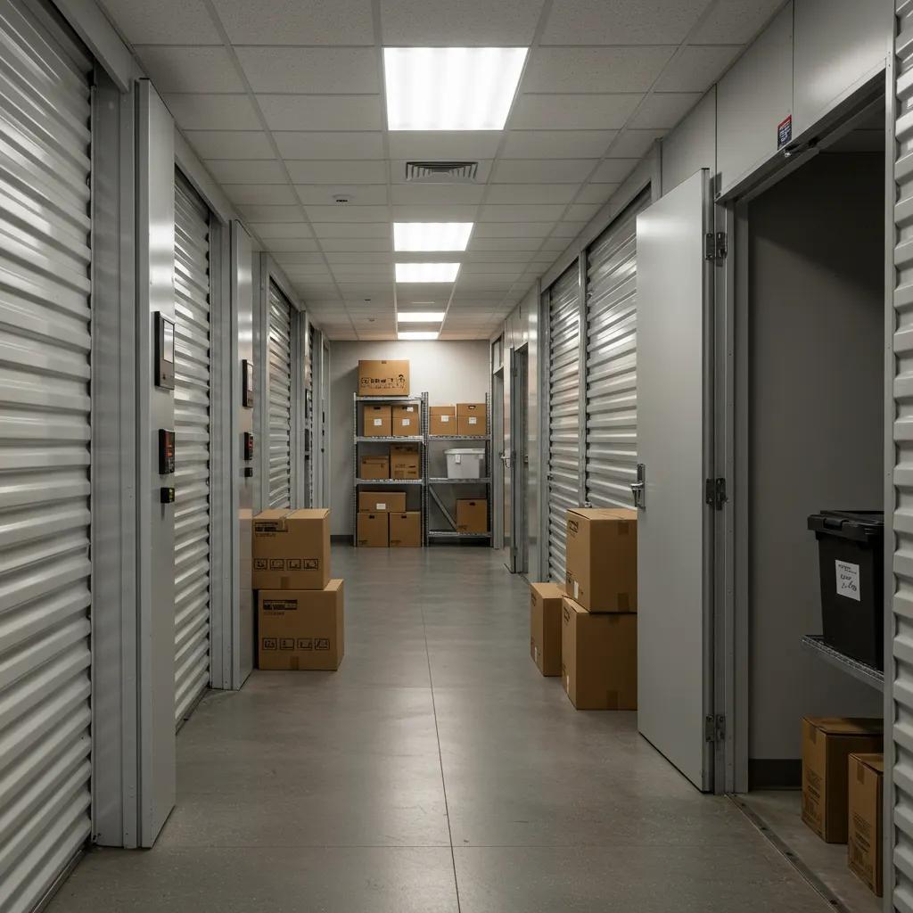 Interior of a climate-controlled secure storage facility featuring organized units, packed boxes, and monitored safety measures, emphasizing 845 Move Now's reliable storage solutions for moving and storage needs.