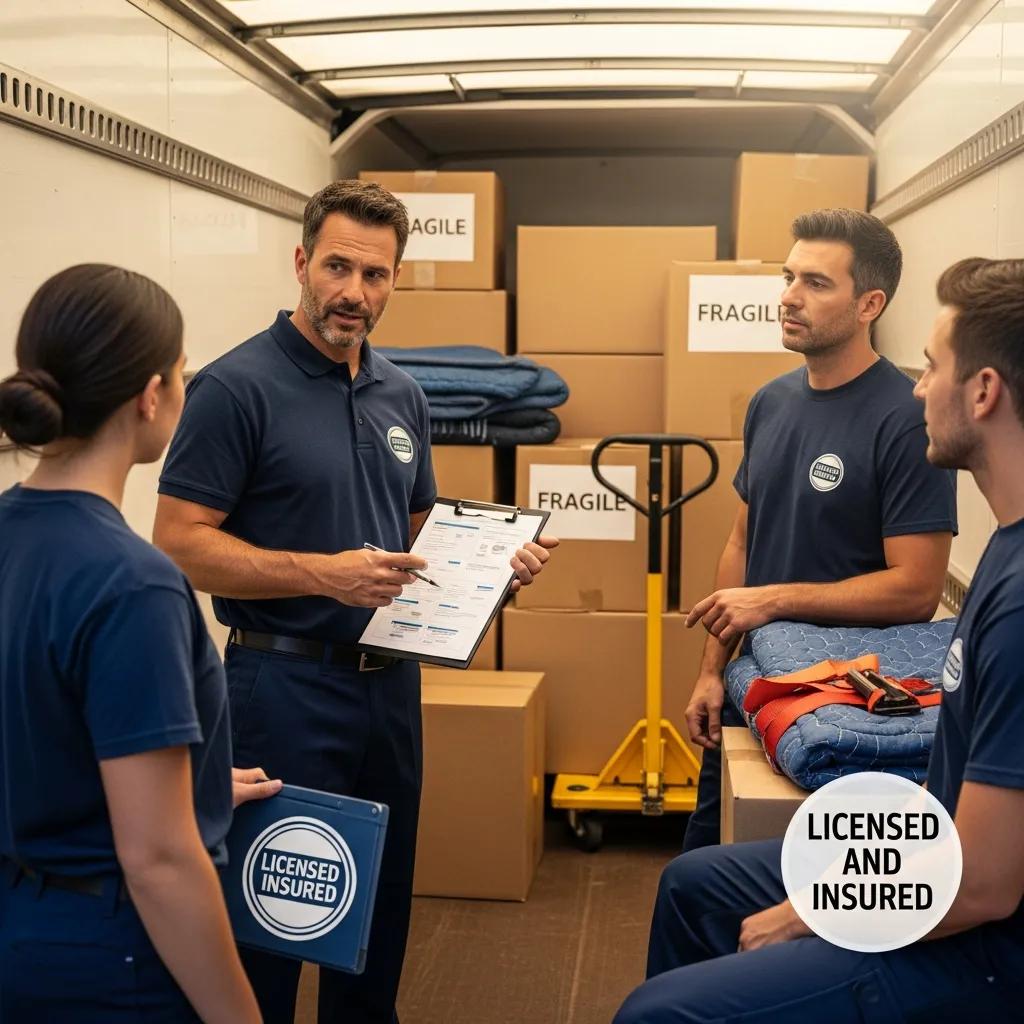 Licensed and insured movers discussing logistics with documentation in a moving truck, surrounded by packed boxes labeled "FRAGILE," emphasizing professional moving services in Poughkeepsie, NY.