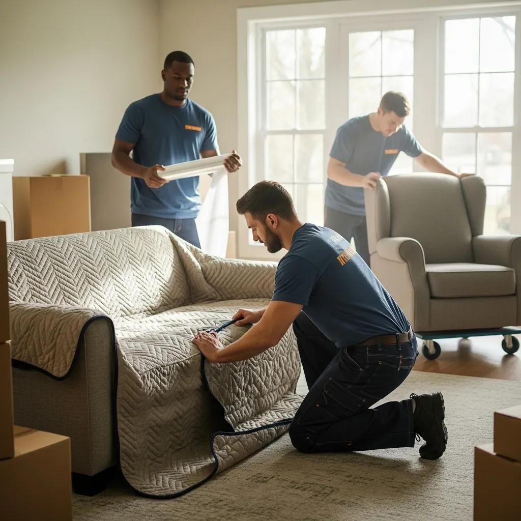 Local movers from 845 Move Now wrapping furniture and preparing for relocation in a residential setting, showcasing professional packing techniques and equipment.