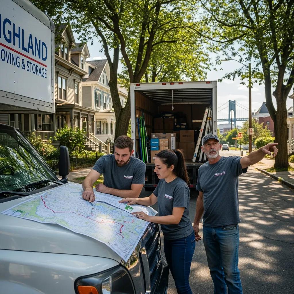 Local moving crew from Highland, NY, discussing logistics and planning for a move, featuring a map on a truck's hood, surrounded by moving equipment and residential buildings.