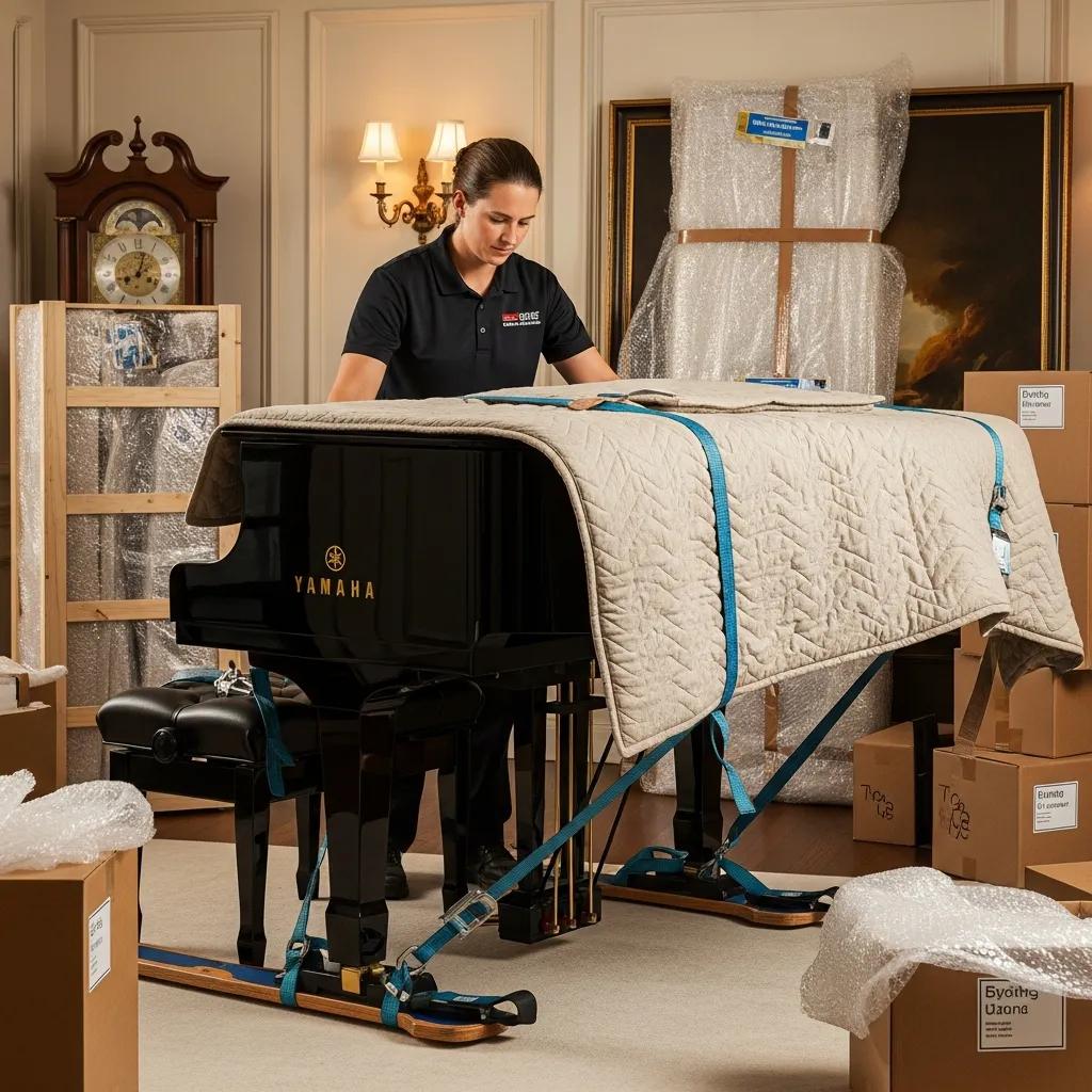 Mover handling a grand piano with protective equipment, highlighting specialty moving services