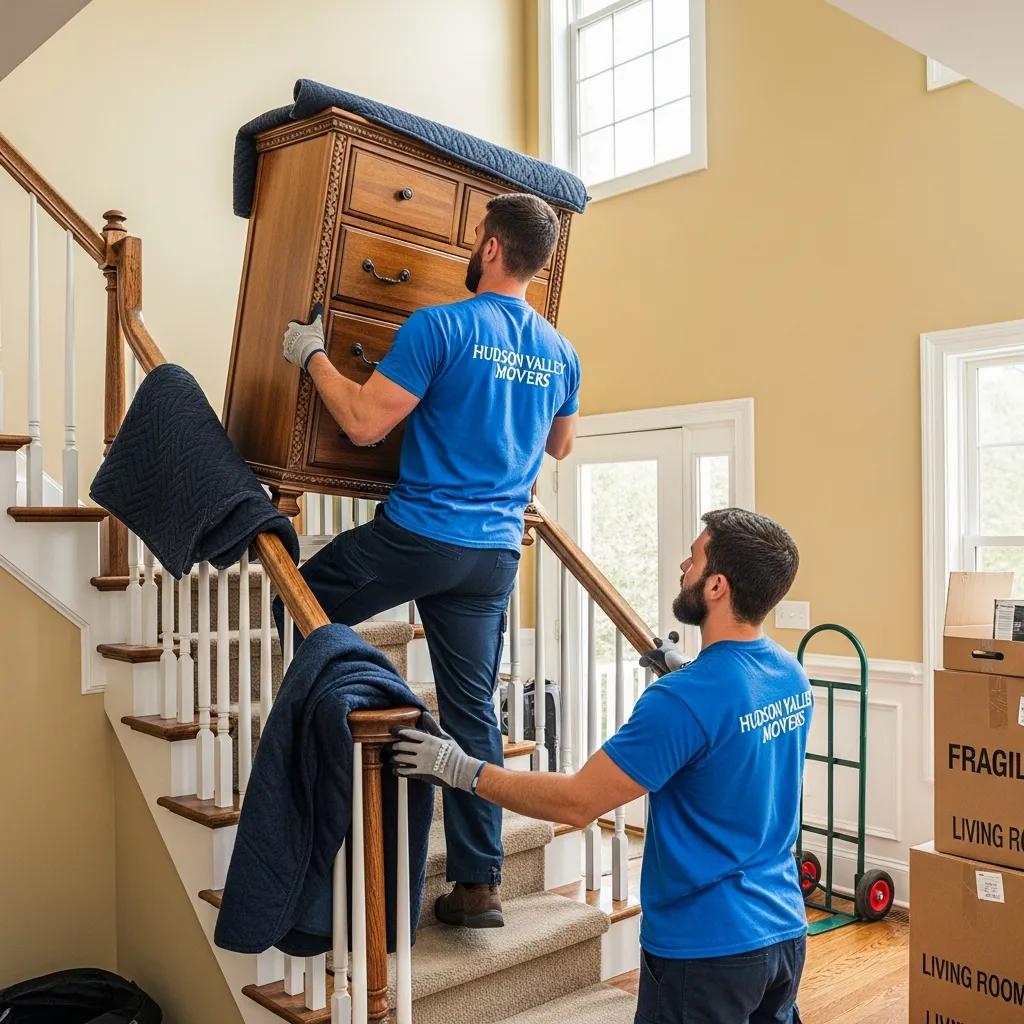 Movers using proper lifting techniques to carry a wooden dresser down stairs, showcasing experienced and licensed Hudson Valley Movers at work.
