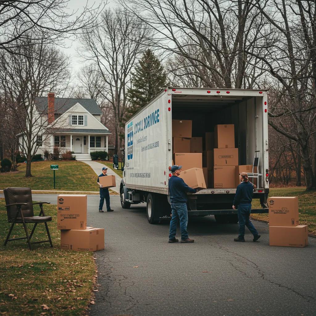 Movers unloading boxes from a truck in a residential Hudson Valley neighborhood, emphasizing local moving services by 845 Move Now LLC.
