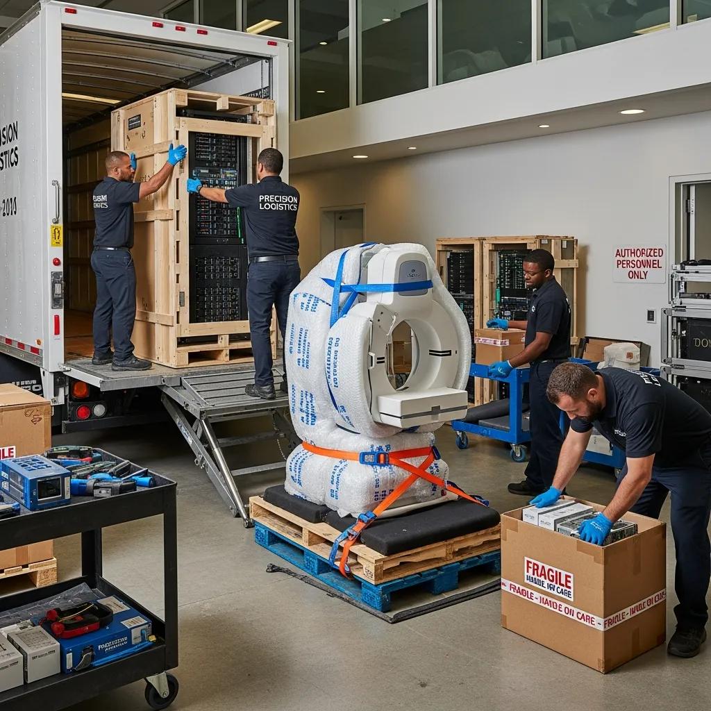 Movers carefully handling sensitive IT equipment and medical devices during relocation, ensuring secure packing and transport protocols.
