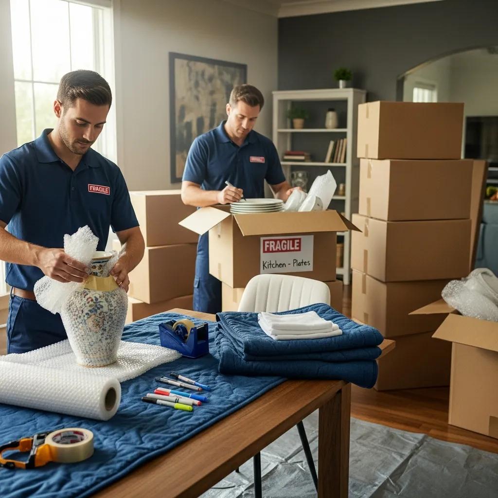 Movers packing fragile items like a decorative vase and plates in a home setting, with protective materials and labeled boxes, emphasizing professional packing services for safe transport.