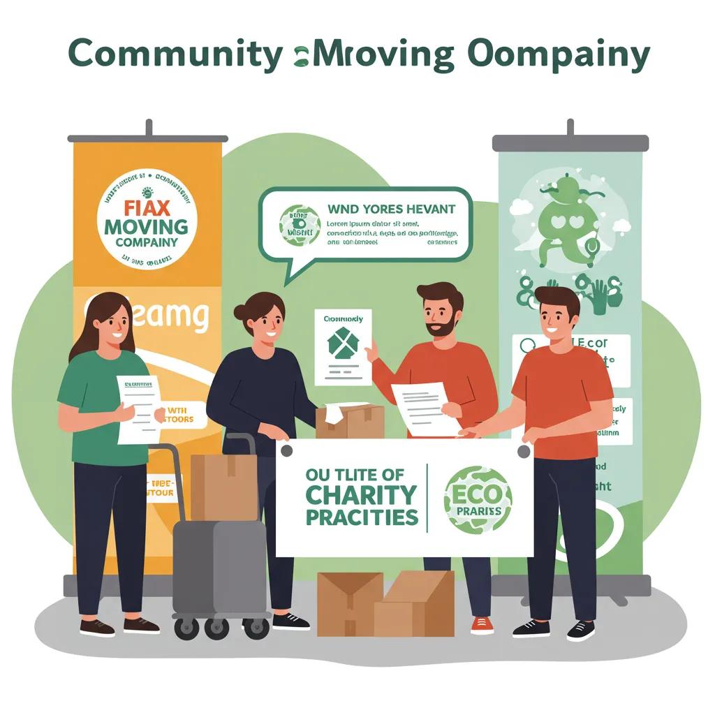 Community-focused moving company representatives engaging in a charity event, showcasing corporate responsibility and sustainability initiatives, with banners promoting eco-friendly practices.