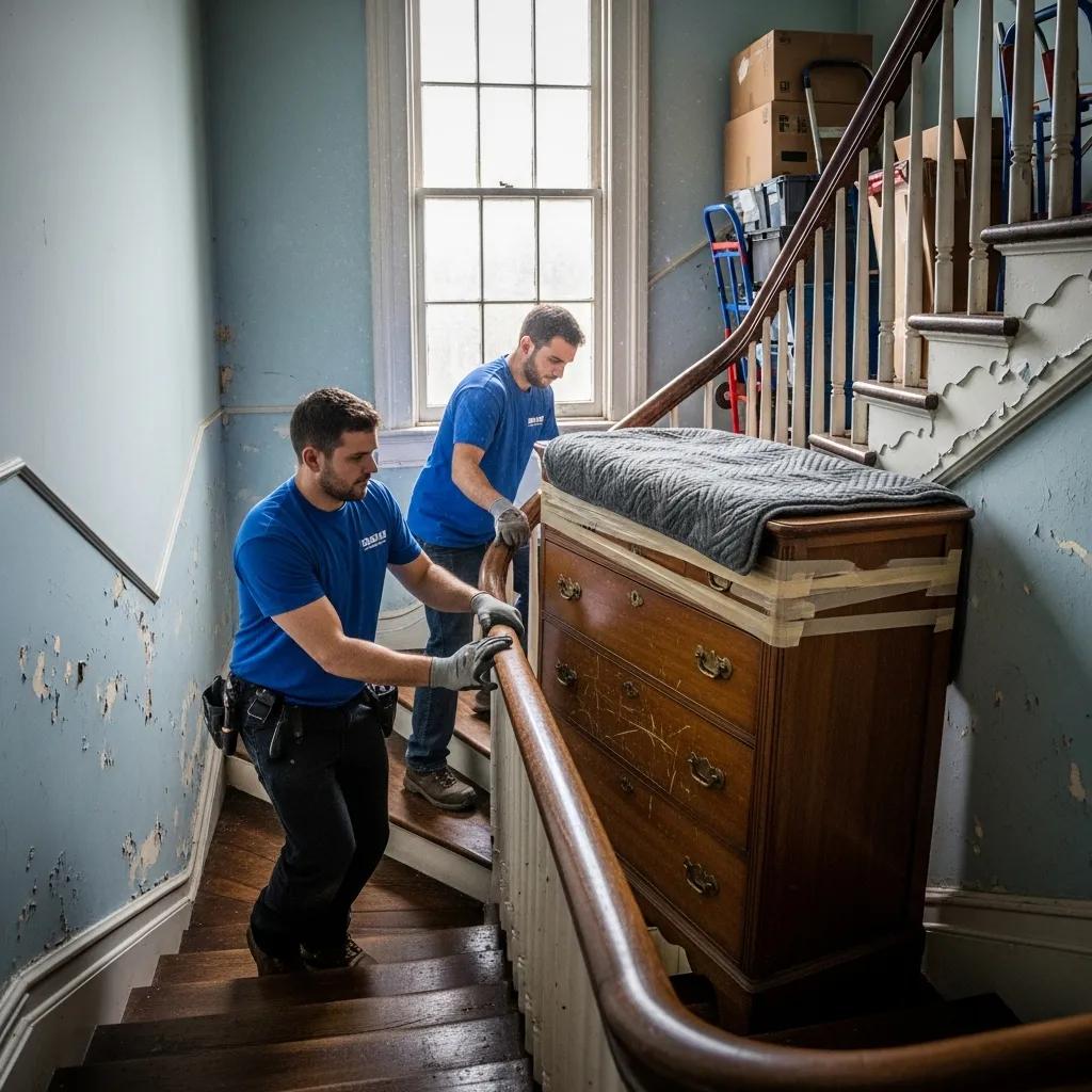 Professional movers navigating a narrow staircase with a large wooden dresser, illustrating residential moving challenges in Kingston homes.