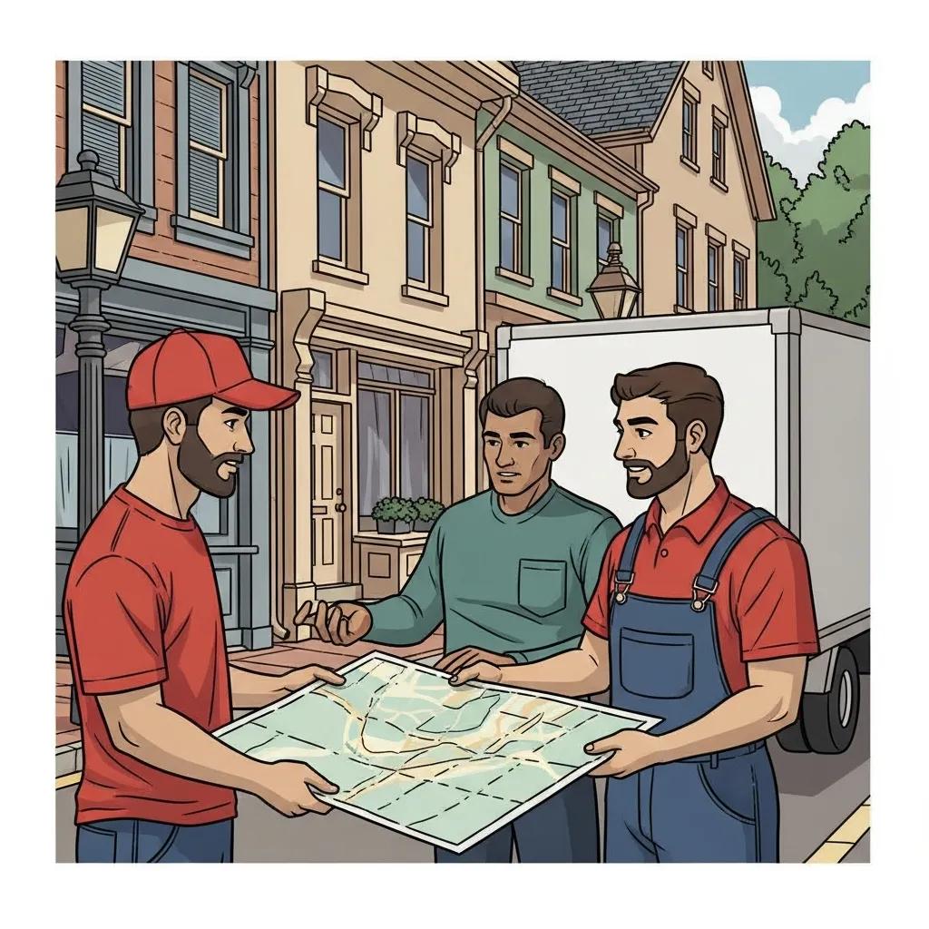 Moving crew discussing logistics with a map in front of historic buildings in Rosendale, NY, showcasing local expertise and planning for efficient moves.