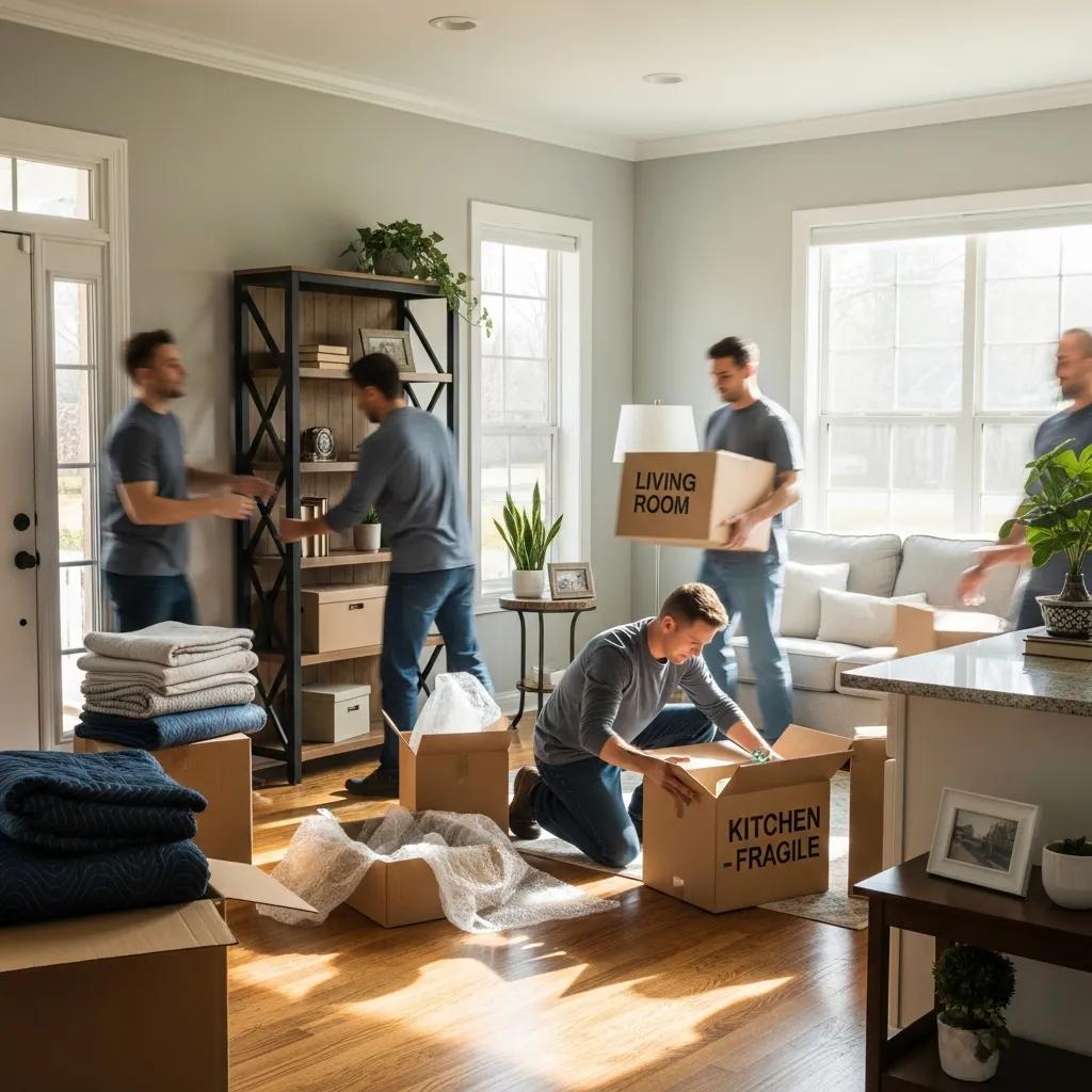 Moving crew unpacking boxes in a new home, showcasing packing and unpacking services with labeled boxes for kitchen and living room, surrounded by packing materials and organized furniture.