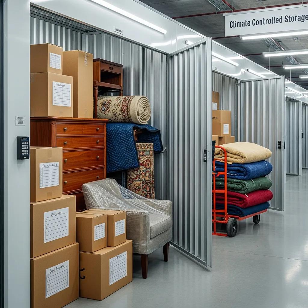 Organized climate-controlled storage facility with packed boxes and furniture