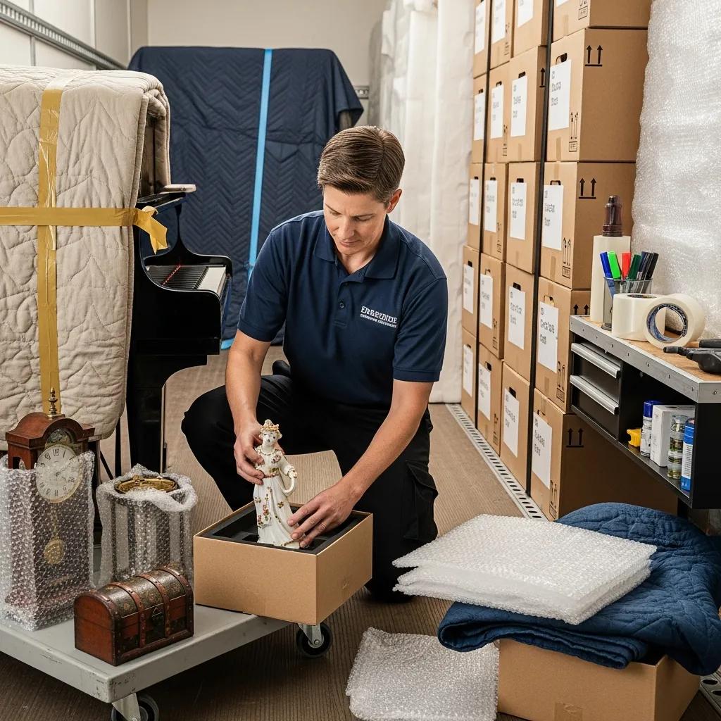 Professional mover packing fragile items, including a statue, into a box with a piano and antiques in the background, emphasizing specialty moving services for Highland relocations.