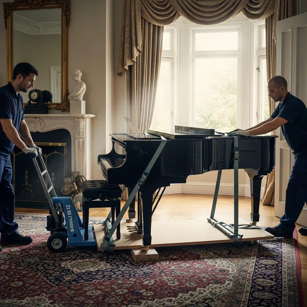 Professional movers carefully handling a grand piano with specialized equipment, showcasing attention to detail and safe transport methods in a residential setting.