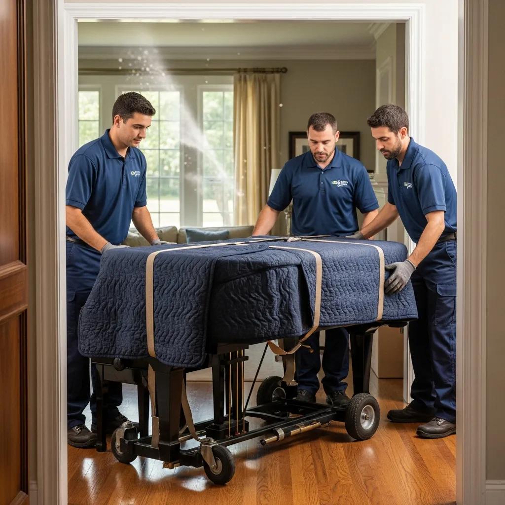 Professional movers handling a piano with care during a residential move