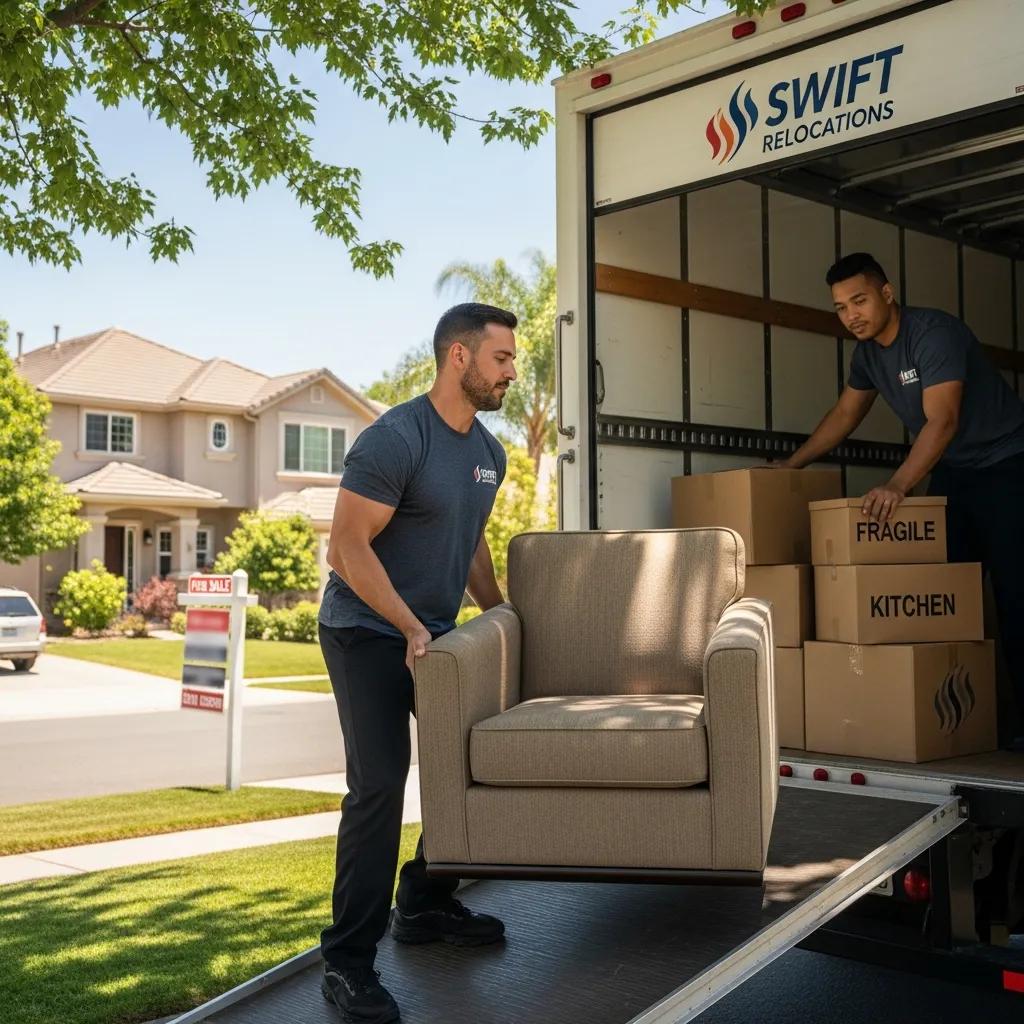 Movers carrying furniture into a truck outside a suburban home