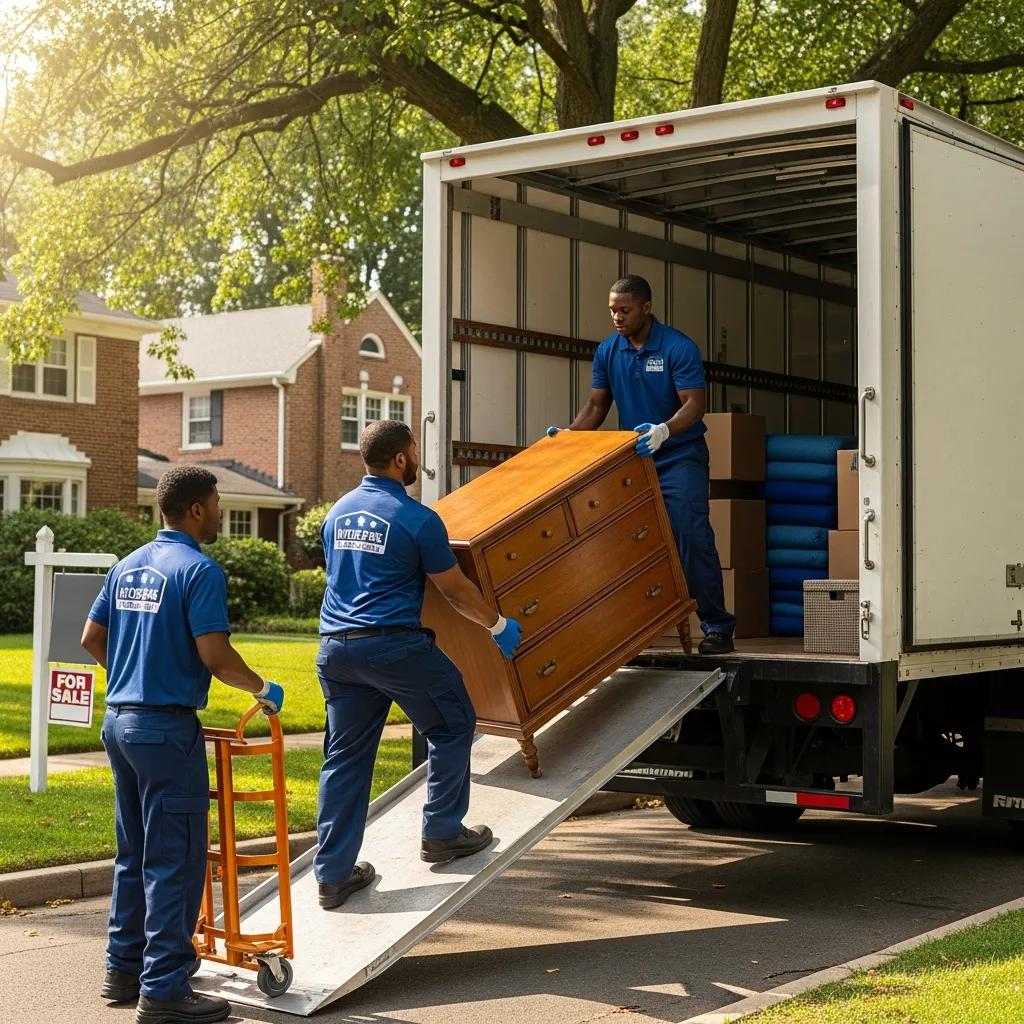 Professional movers loading furniture into a truck in a suburban Hyde Park neighborhood